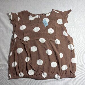 NWT Women's LOFT Polka Dot Hem Flutter Sleeve Top Brown/Taupe Size Large Pettit